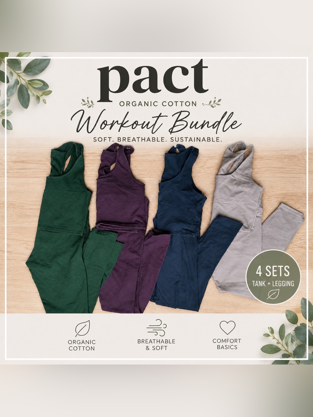 PACT Organic Cotton Workout Bundle | 4 Matching Tank + Legging Sets | Women’s S